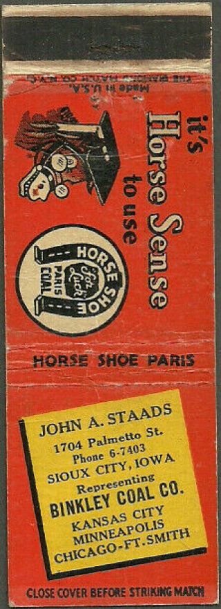 Early Horse Shoe Coal Matchbook Cover From Sioux City,  Ia Iowa
