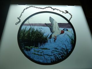 Vtg Stain Stained Glass Window Wall Hanging Sun Catcher Round Mallard Duck 8.  5 "