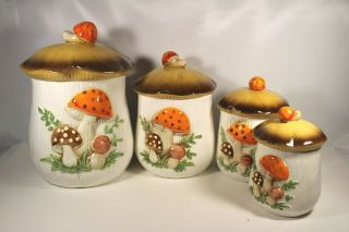 Set Of 4 Vintage Sears Roebuck Merry Mushroom Canister Set With Lids 1976 Retro
