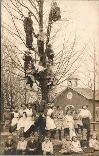 Rppc One Room School House Class Photo Many In Tree Dangerously High B37