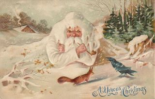 Christmas; White Suit Santa Claus,  In Snow,  1900 - 10s