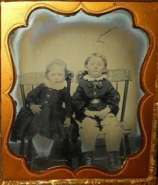 1/6th Ambrotype Of Young Girl And Boy In Brass Frame
