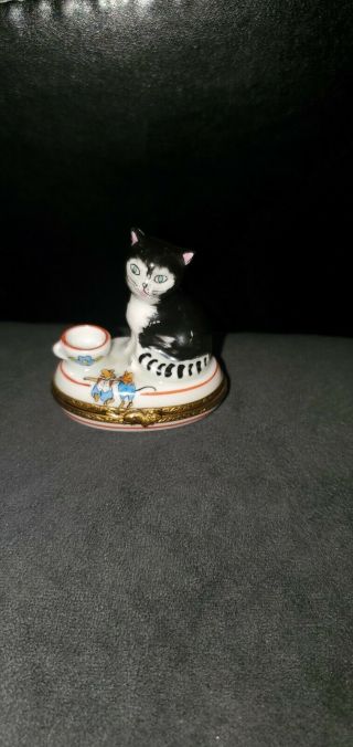 Peint Main Limoges Black & White Cat Bonbonniere Box