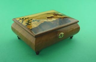 Musical Sorento Ware Jewellery Box With Marquetry Landscape On Lid.  Lock & Key