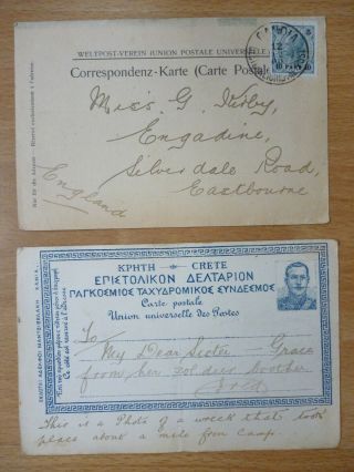 2 Postcards From British Soldier On Crete One With Stamp Postmarked Candia 1900