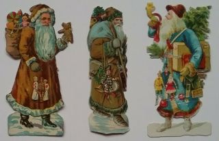 3 Antique Chromo Embos Victorian Scraps.  Father Christmas/santas.  Ap.  8.  5x4.  5cms