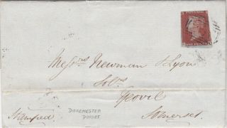 1845 Qv Dorchester Cover With A 1d Penny Red Stamp Sent To Yeovil Somerset