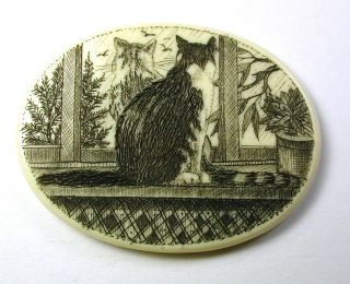 Artisan Scrimshaw Button Etched & Inked 2 Cats Look Out Window Scene - 1 & 1/2 "