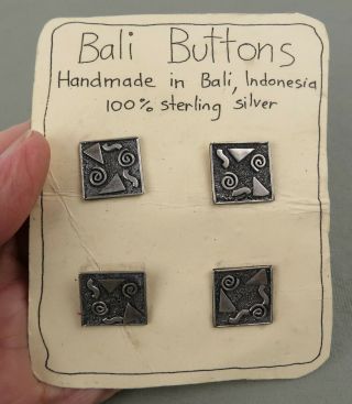 Vtg Square Abstract Sterling Silver Hand Made Bali Indonesia Buttons Set Of 4