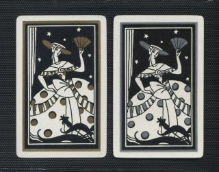 Vintage Pair Swap/playing Cards Art Deco Woman In Long Dress Fan Silver & Gold