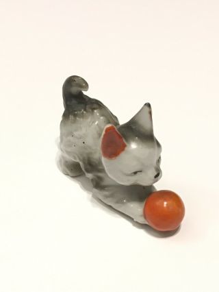 Vintage Ceramic Cat Figurine With Orange Ball Playing Made In Japan 4” Long