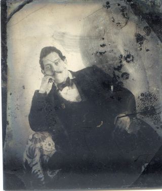 Very Unusual Ambrotype On Ruby Glass - Relaxed Man Side Leaning On His Arm