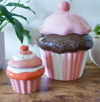 " Happy Valentine Day” Cupcake Cookie Jar With Cherry On Top & Mini Cupcake Jar