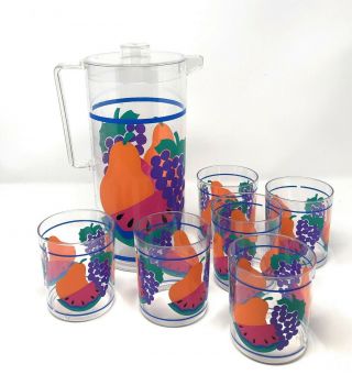 Vintage Plastic Juice Drink Carafe / Pitcher - With 6 Matching Cups - Fruit