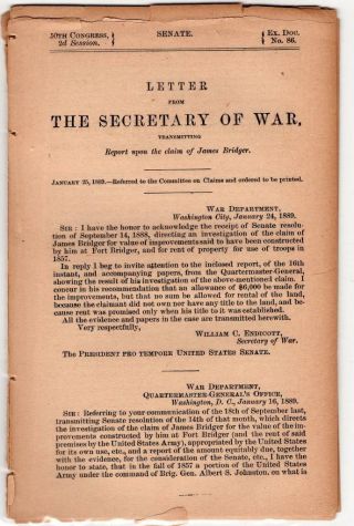 Message From The Secretary Of War Re: James Bridger & Ft Bridger Improvements