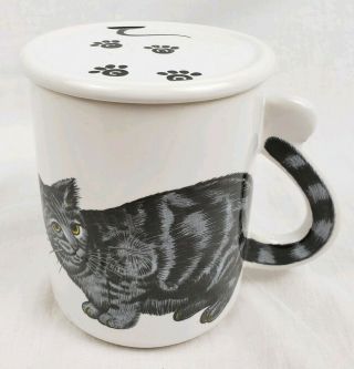 Vintage Coffee Mug With Cat Tail Handle & Lid Grey Black Striped Tabby Kitty Cup