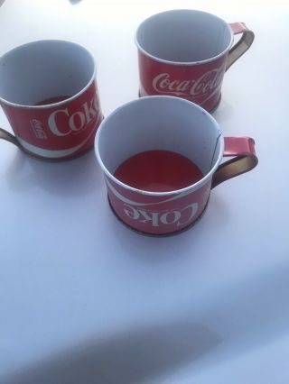 Coca Cola Tin Metal Cup Mug Coke Trademark Red 3.  25 " Diam.  Vintage Set Of 3
