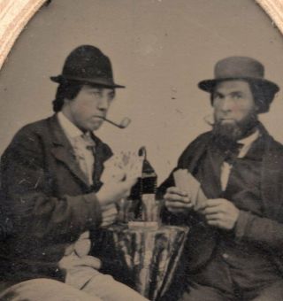 Tin Type Photo Of 2 Men Playing Cards Smoking Pipes Drinks On Table Paper Frame
