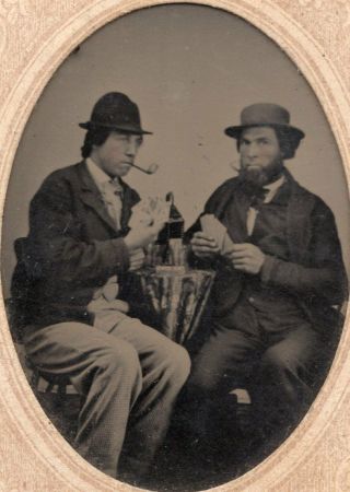 Tin Type Photo of 2 Men Playing Cards Smoking Pipes Drinks on Table Paper Frame 2