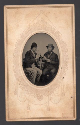 Tin Type Photo of 2 Men Playing Cards Smoking Pipes Drinks on Table Paper Frame 3