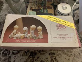 Precious Moments 9 Piece Porcelain Bisque Nativity Set Box No Cassette/