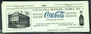 Coca - Cola Paducah Ky Bottling 1 Letterhead 1909 - 1910