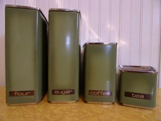 Set Of 4 Lincoln Beauty Ware Avocado Wedge Shape Metal Kitchen Canisters