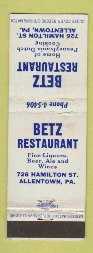 Matchbook Cover - Betz Restaurant Allentonw Pa Wear