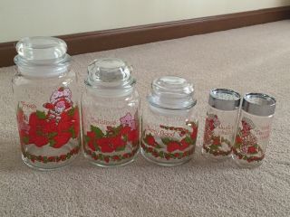 Vintage Strawberry Shortcake Canisters (3) And Salt & Pepper Shakers
