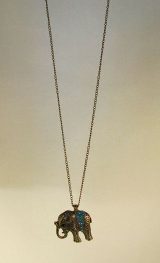 Ornate Brass Blue Rhinestone Elephant Pendant Necklace