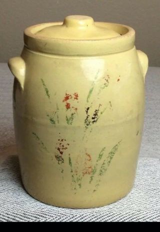 Old Paste Pottry Cookie Jar & Lid Early Hand Panted Yellow Crock Barrel