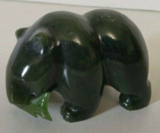Vintage Decorative Black Stone 2 " Bear With Green Fish In Mouth Figurine