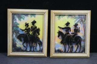 Vintage Silhouette Reverse Painted Convex Glass Western Cowboy & Cowgirl X2 Diff