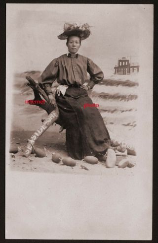 Photo Postcard,  Rppc,  Chinese Lady,  Hat,  Dock,  Floats,  Souvenir,  Seaside,  Oregon,  1910