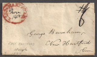 East Hartford,  Ct Red Oval Cancel,  1834 Stampless Folded Letter To Hartford