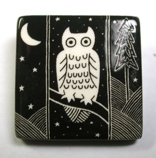 Artisan Porcelain Button W/ Black & White Owl & Crescent Moon Scene 1x 1 & 1/16 "