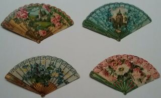 4 Lgish Antique Chromo Embos Victorian Scraps.  Pretty Colourful Fans.  10.  5x6.  5cm
