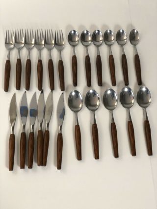 Mid - Century Mode Danish Teak Stainless Cutlery Set Of 23