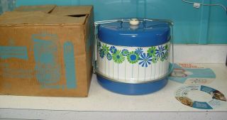 Vintage Dinex Triple Decker Food Carrier Set Orig Box Blue Floral Metal Complete