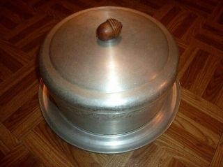 Vintage West Bend Aluminum Co Cake Plate And Cover Wooden Acorn Top