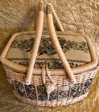 Vintage Wicker And Tapestry Sewing Basket Box Hinged Lid With Handles