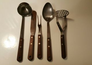 Vtg Wood Handle Stainless Steel Kitchen Utensils Usa Masher Spoon Fork Ladle