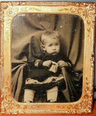 1/6th Size Tintype Of Young Child And Hidden Mother In Brass Frame