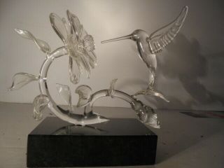 Crystal Hawaiian Flower And Hummingbird Figurine On Marble Base Signed By Artist