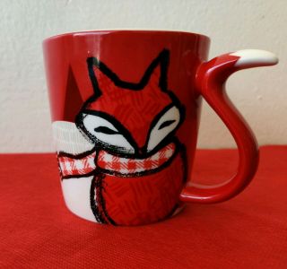Starbucks 2016 Red Fox Tail Handle Coffee Cup Mug Red Scarf Holiday 12 Oz
