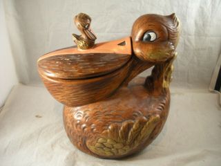 Vintage 1960’s California Pottery Pelican Bird With Baby Cookie Jar