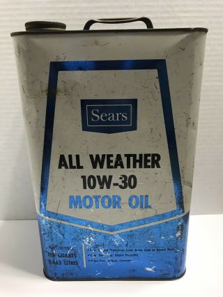 VINTAGE METAL 10 QUART 2 1/2 GALLON SEARS ALL WEATHER MOTOR OIL CAN 10W - 30 3