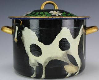 Signed Emma Hunk Rustic Folk Art Painted Black & White Cow Enamel Bread Bin Ewb