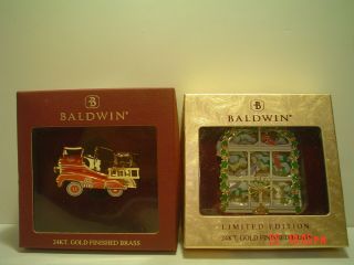 2 Nib Baldwin 24k Gold Brass Christmas Ornaments,  Firetruck & Wintry Window