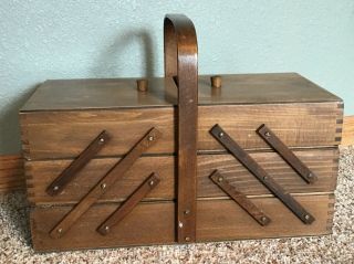 Vintage Accordion Sewing Box Basket Wood Bent Handle Fold Out Organizer Storage
